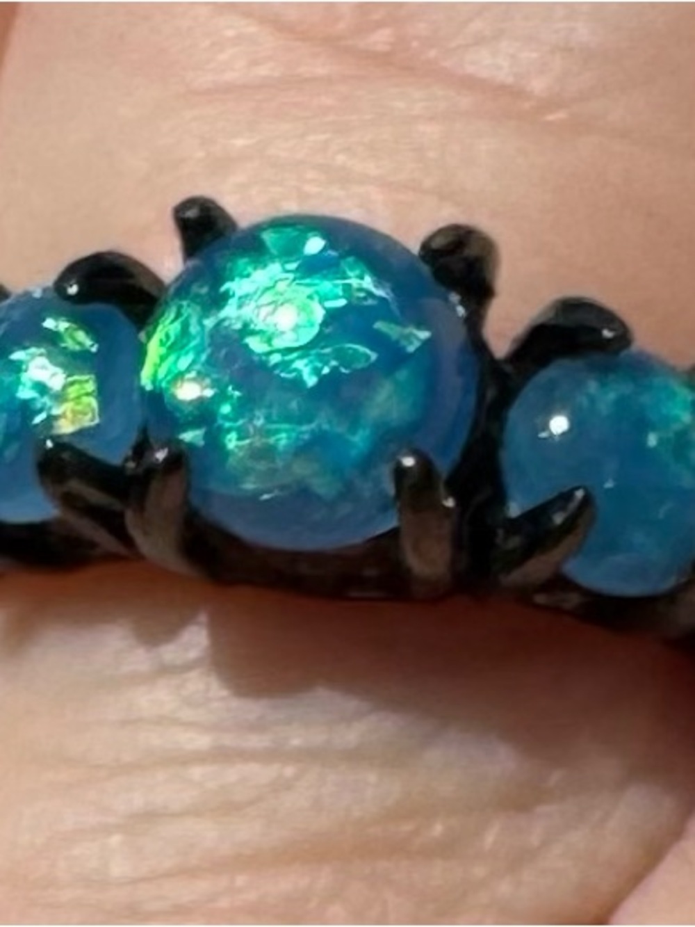 Blue Opal Trio Ring with Black Setting - Women's Jewelry